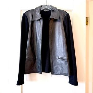 Classiques Entier | Black leather + merino wool mixed‑media zip jacket M